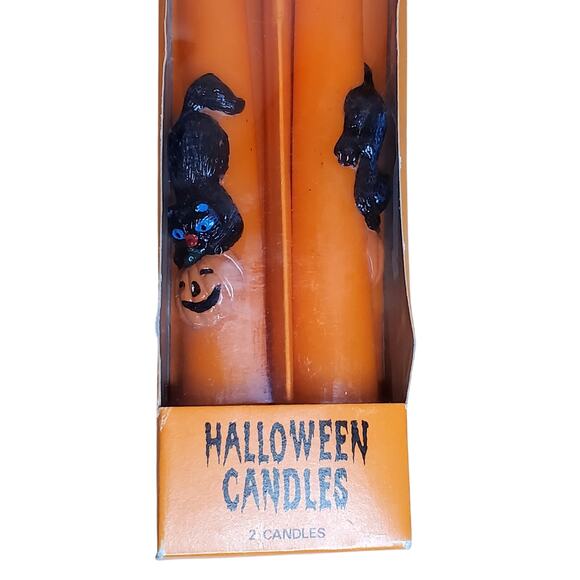 Halloween Set of 2 Black Cat Pumpkin 10" Orange Taper Candles New - Picture 2 of 6